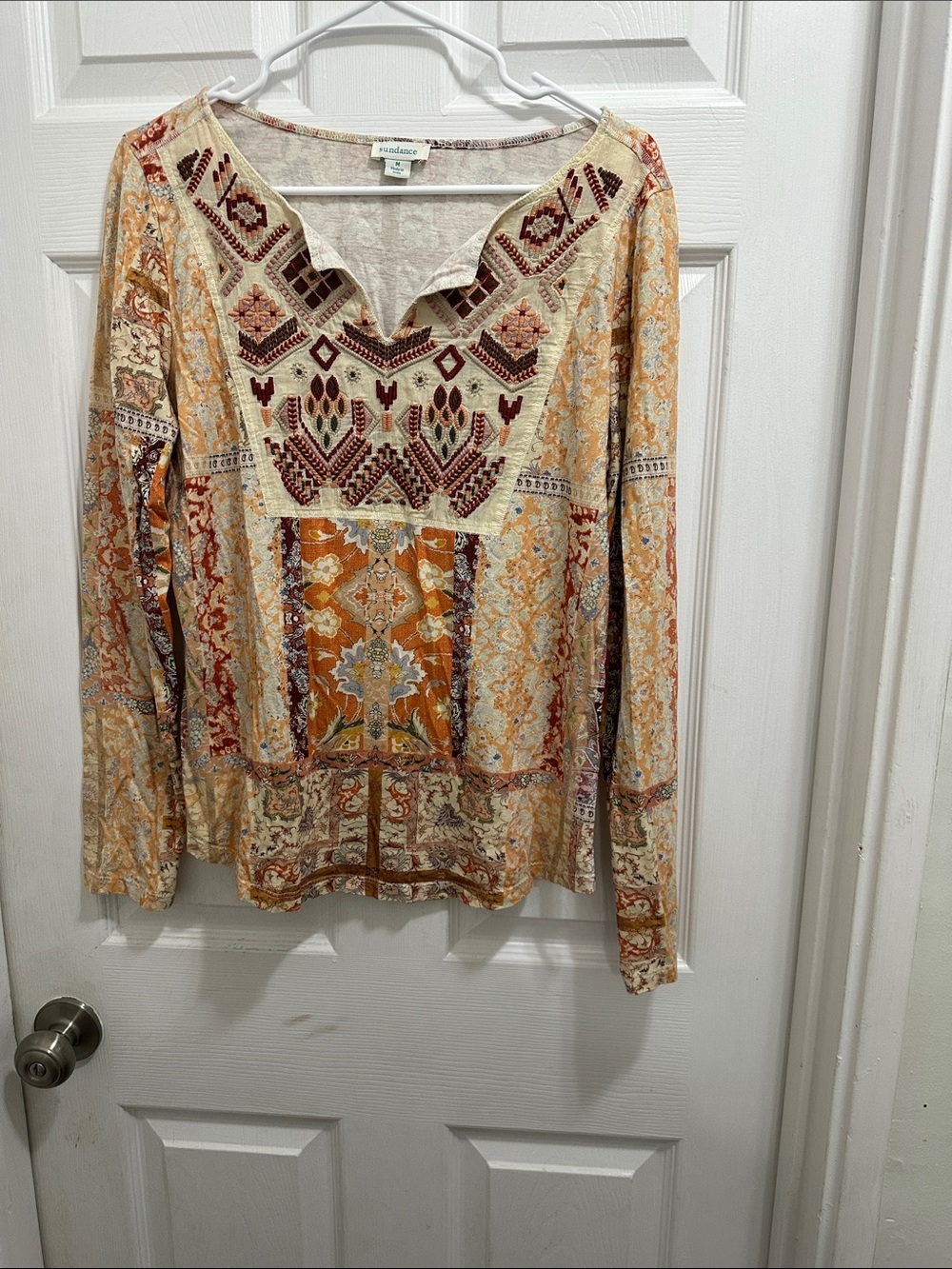 Sundance Bohemian Embroidery Patchwork Long Sleeve Top in Yellow, Cream and Rust